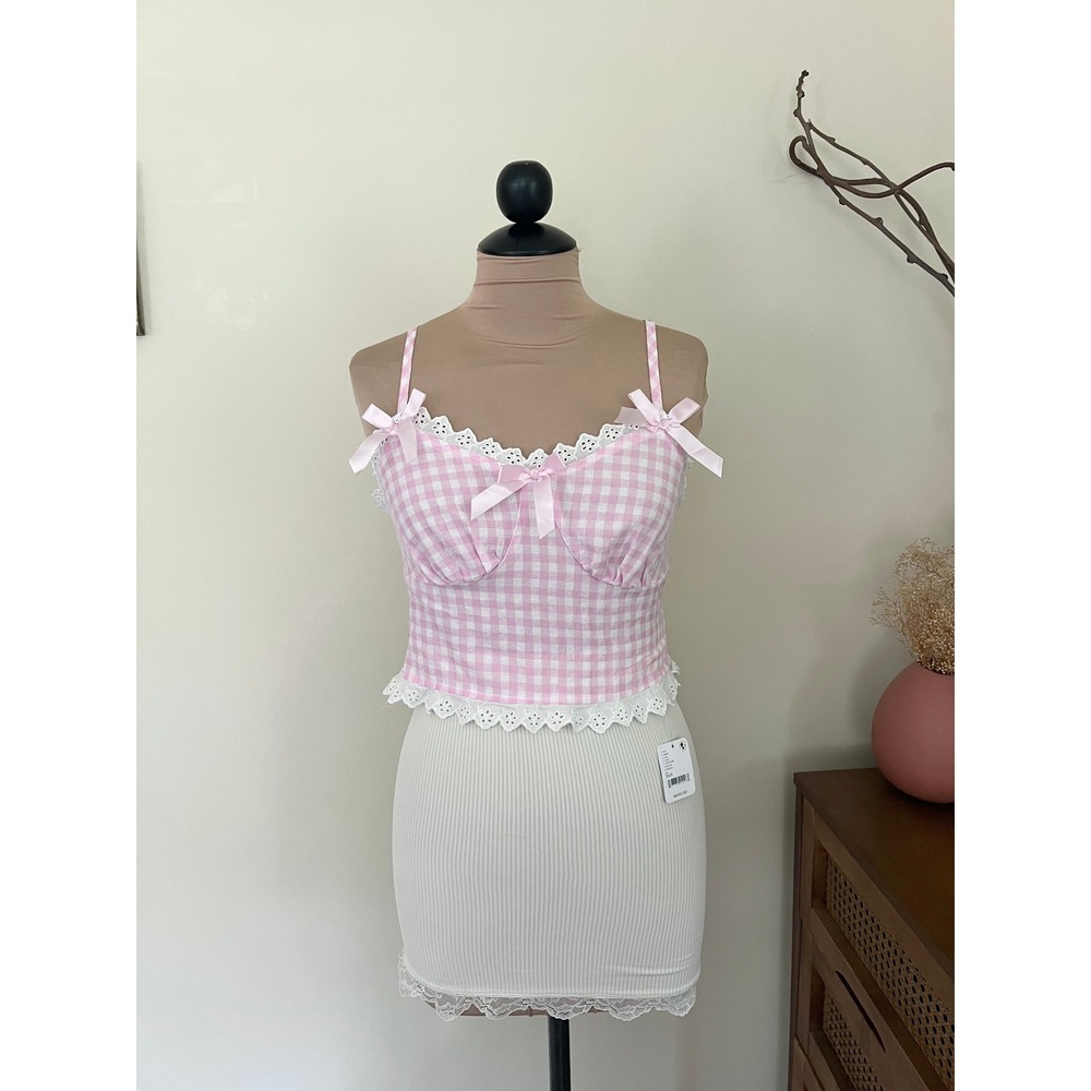 Pink Gingham Bow Lace Tank
